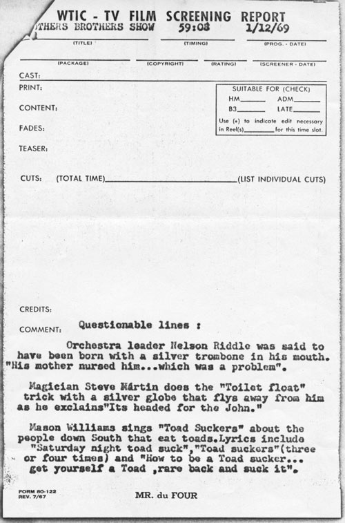 Smothers Brothers censor note from CBS